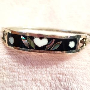 Vintage Mexican Silver Inlay Black Heart Clasp Bracelet, 6 Inches